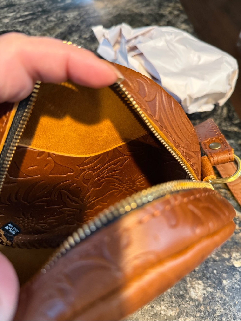 Portland Leather Embossed Round Crossbody Bag in Cognac Brown - Picture 4 of 4